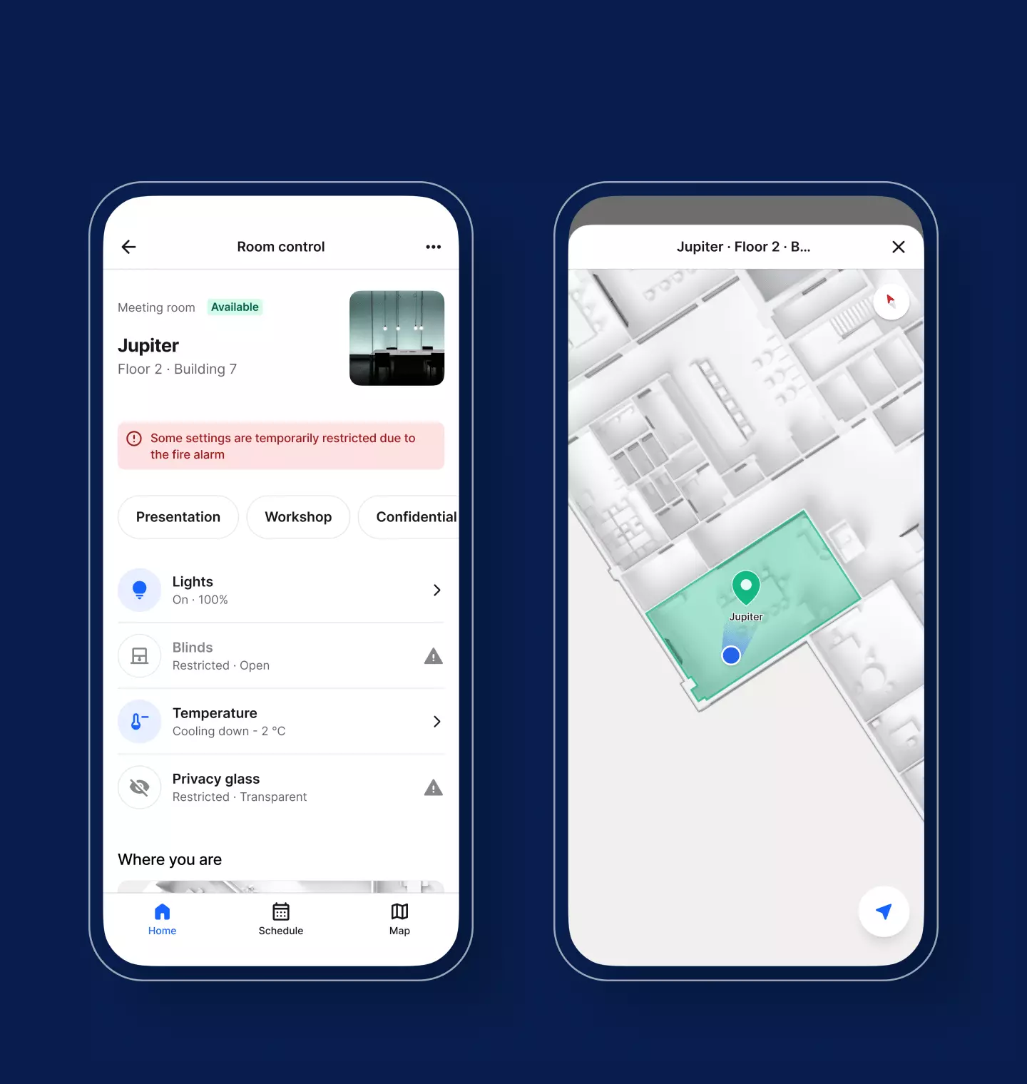 Mobile app screens with list of room controls and map