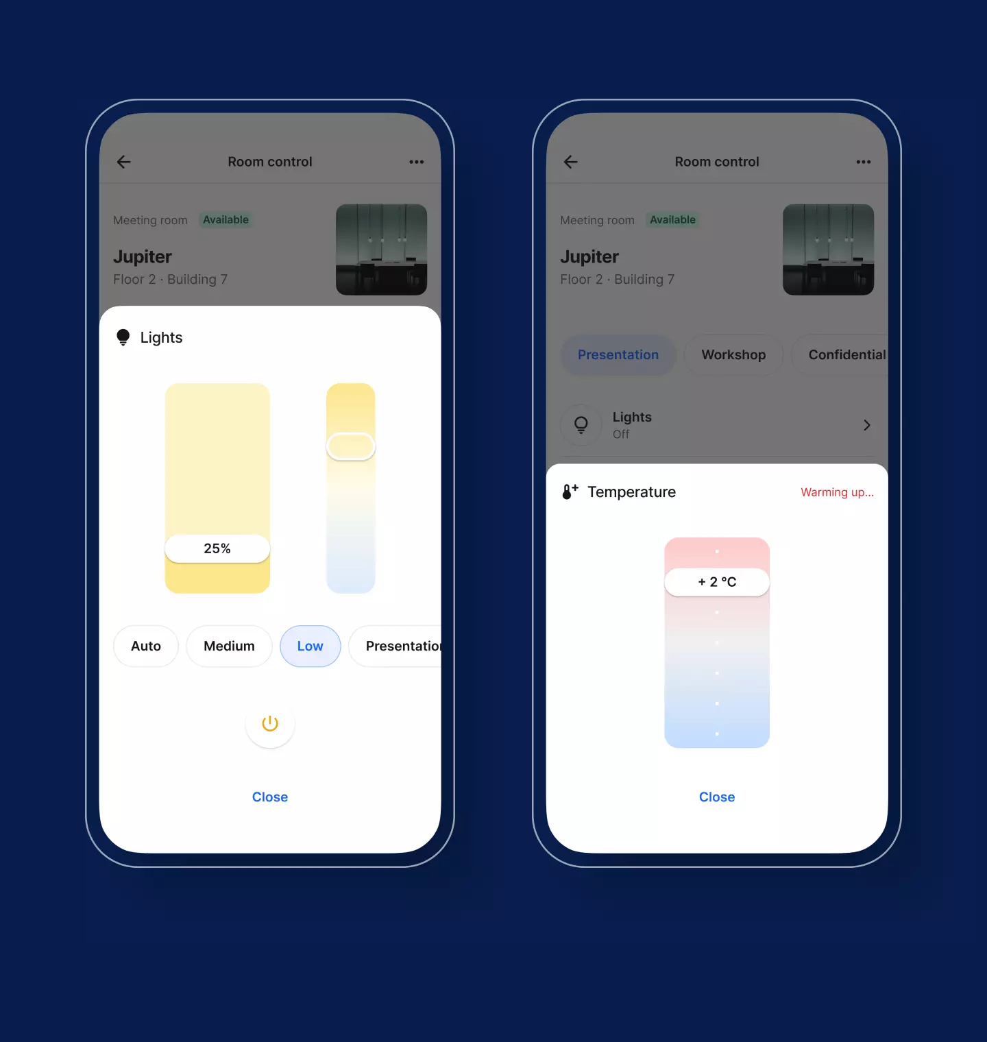 Mobile app screens with controls for light and temperature