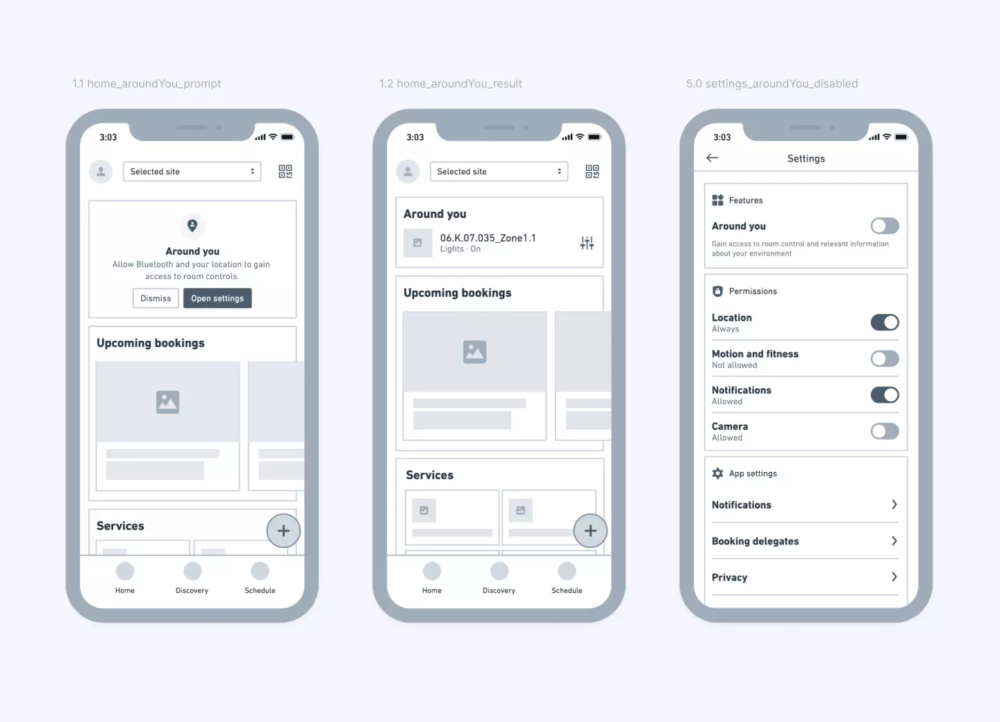 Room control and around you mobile app wireframes