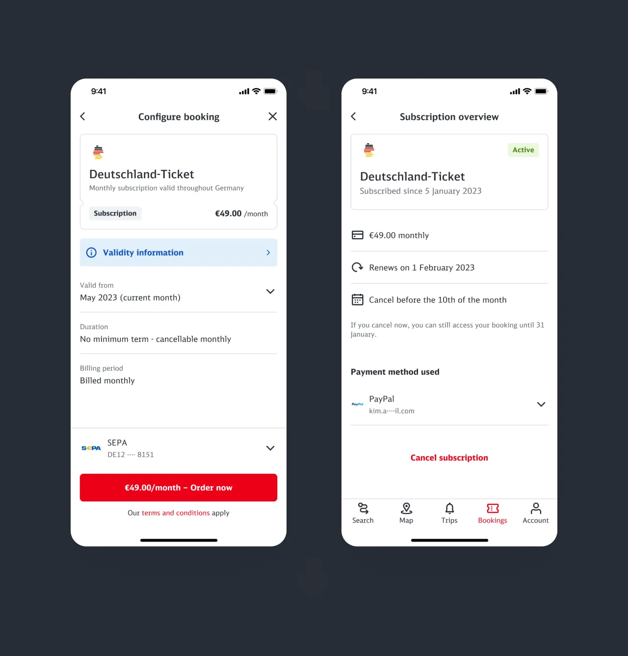 Subscription booking and management screens